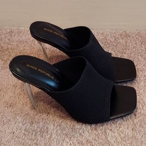 Shoe Republic LA Black Woven High Heel Mules with Clear Heel NWT